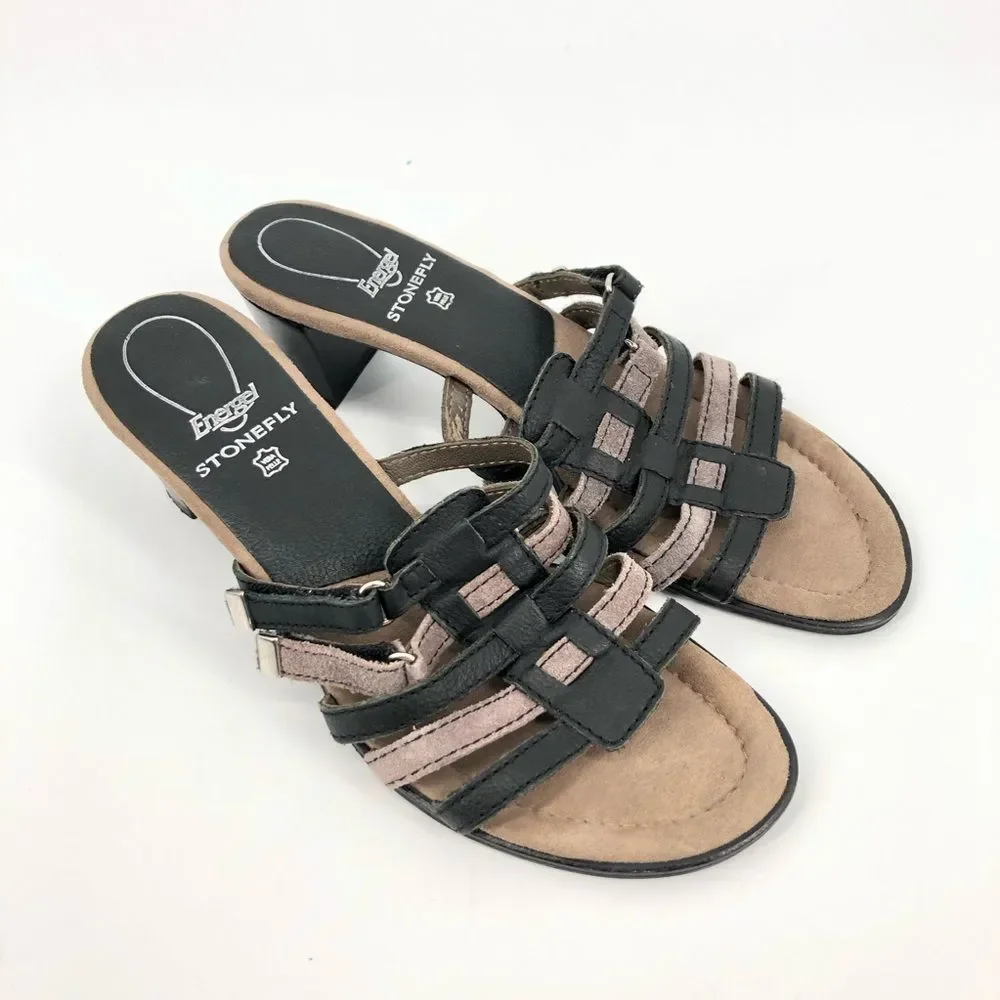 Stonefly Heeled Sandals‎ Womens 38 Black Cream Strappy Leather Slip On Open Back